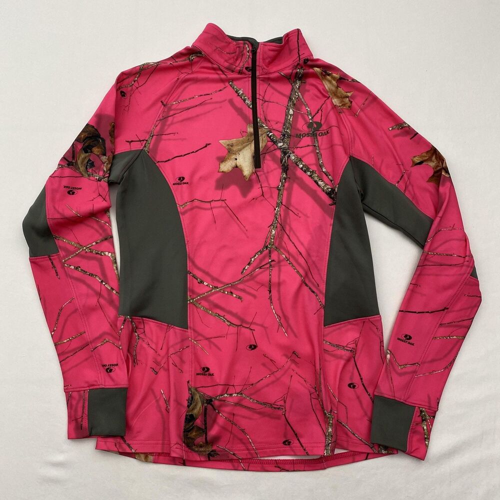 Mossy Oak 1/4 Zip Top Womens Medium Pink Performance Camo Pullover Stretch